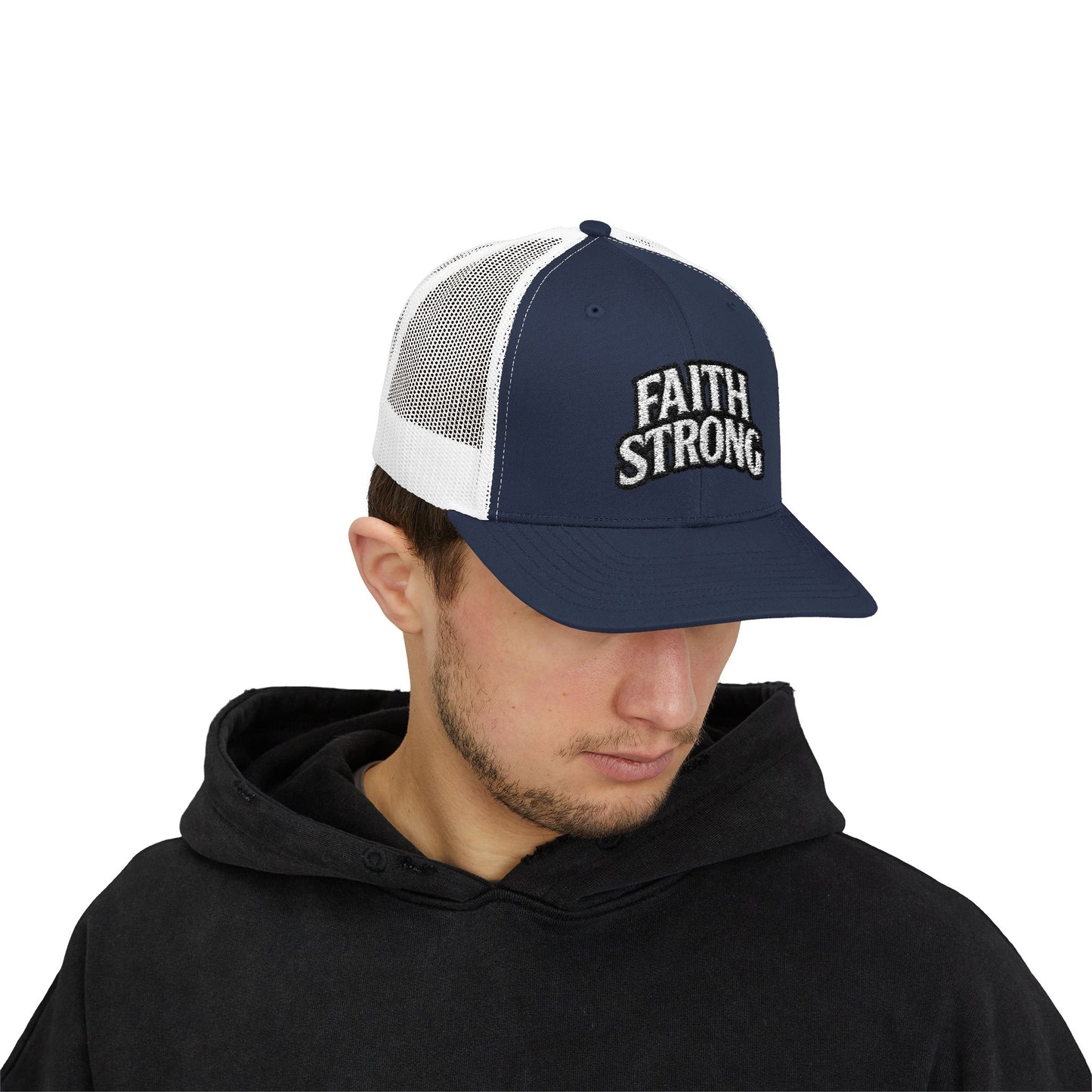 Faith Strong Trucker Cap — Embroidered Christian Snapback Hat