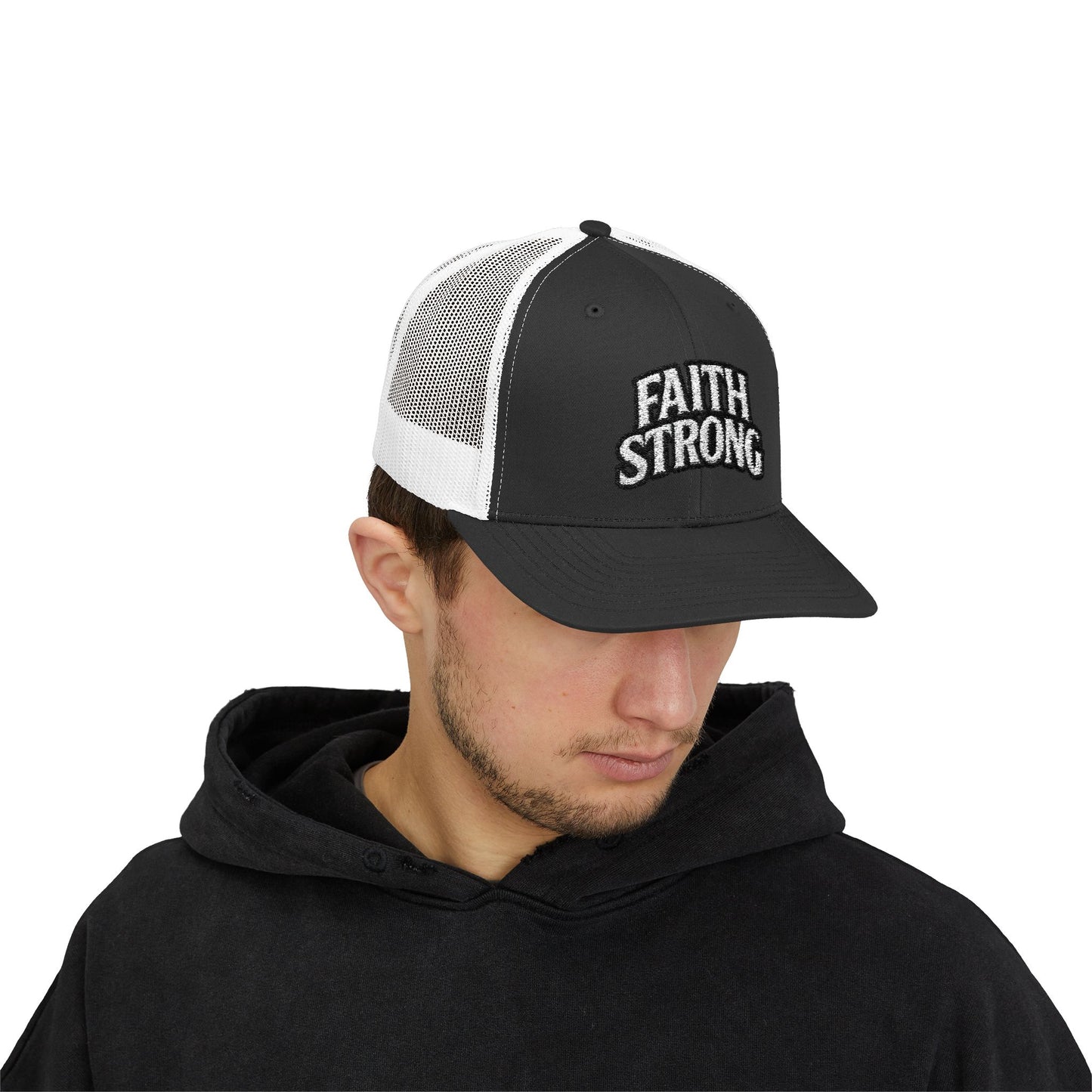 Faith Strong Trucker Cap — Embroidered Christian Snapback Hat