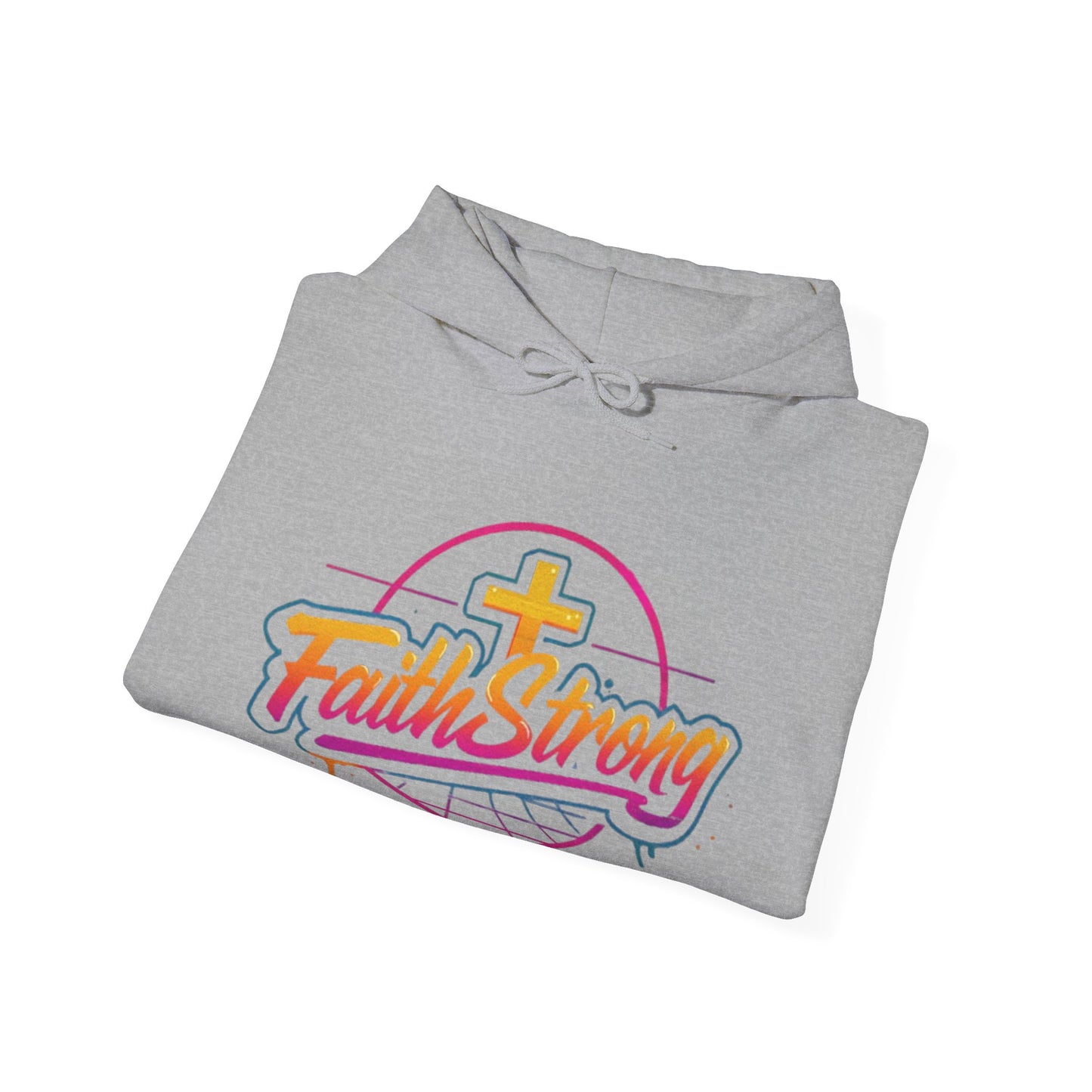 Faith Strong Hoodie – Retro Neon Cross Christian Sweatshirt