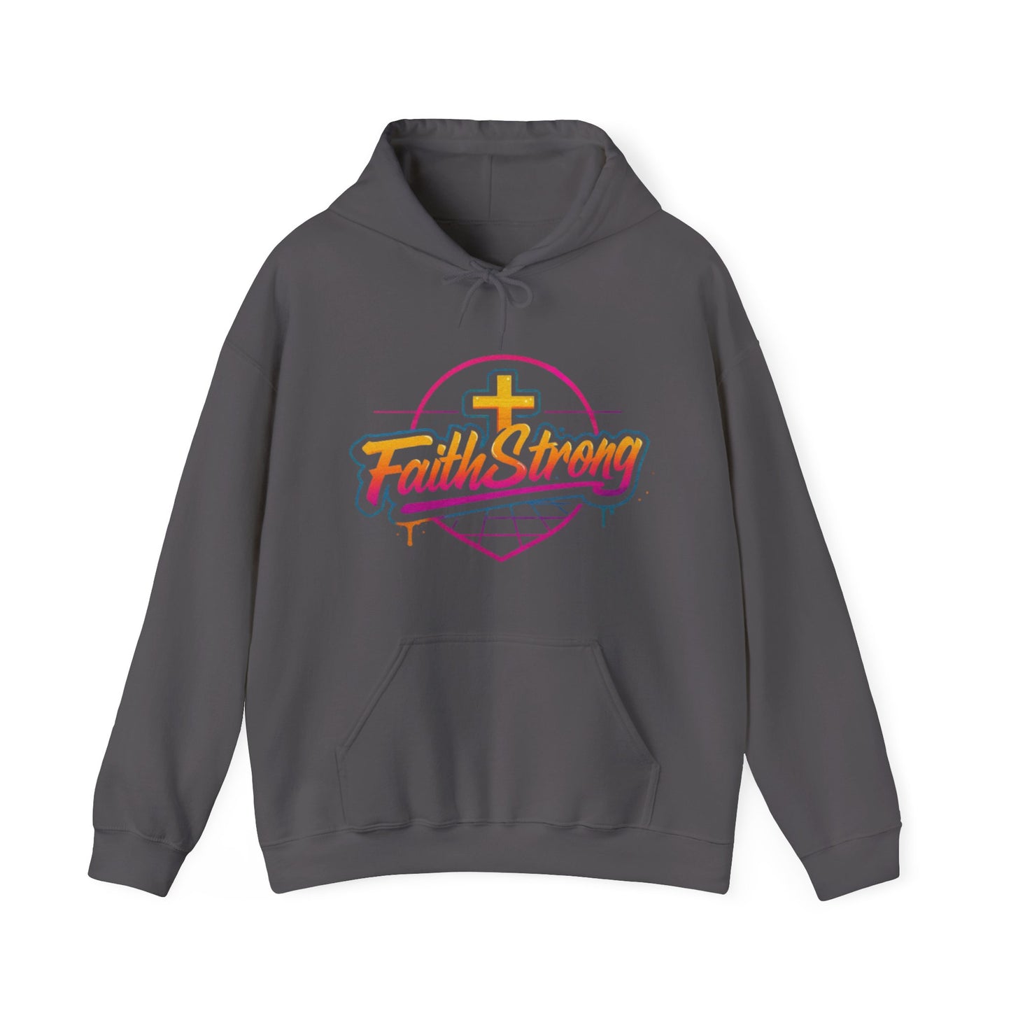 Faith Strong Hoodie – Retro Neon Cross Christian Sweatshirt