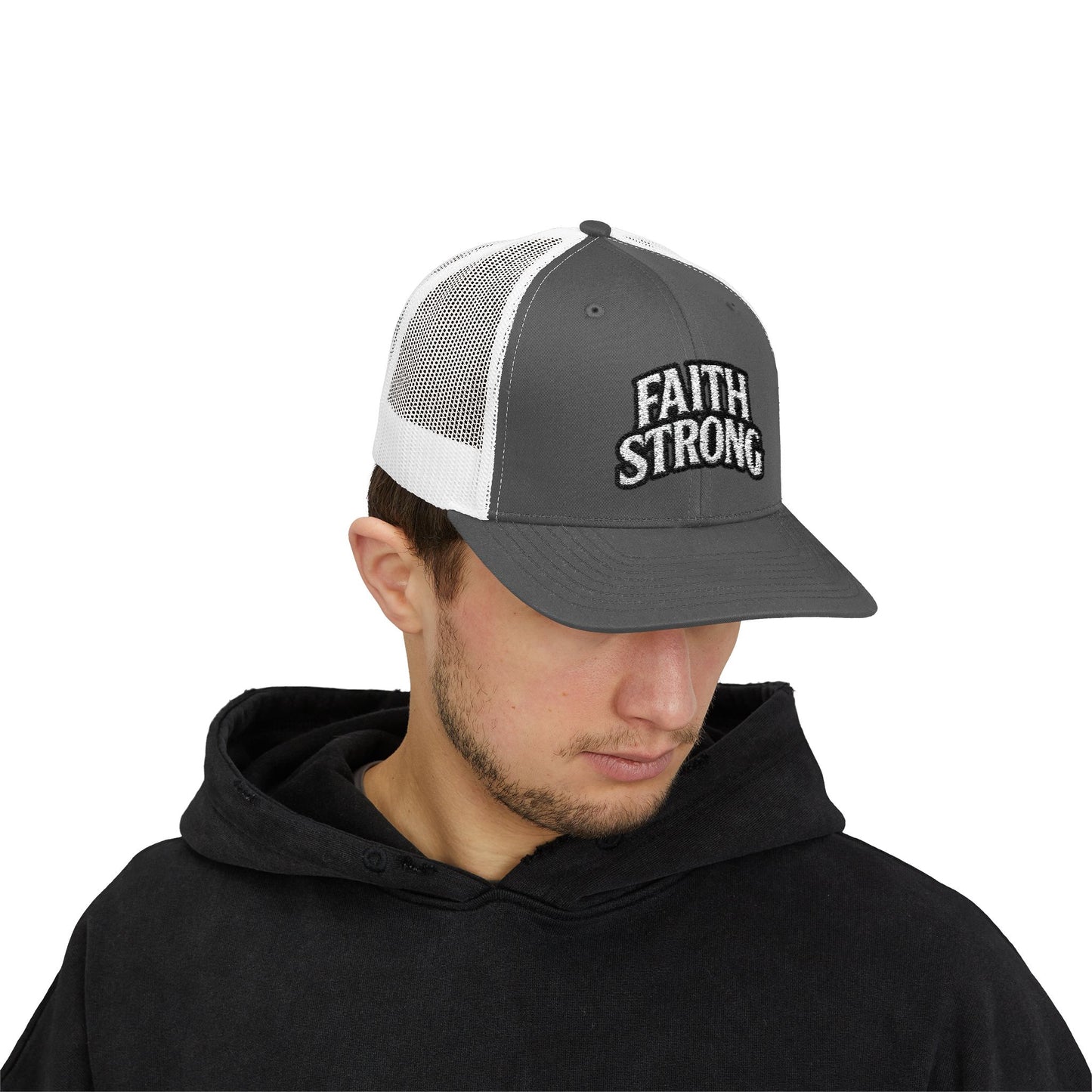 Faith Strong Trucker Cap — Embroidered Christian Snapback Hat