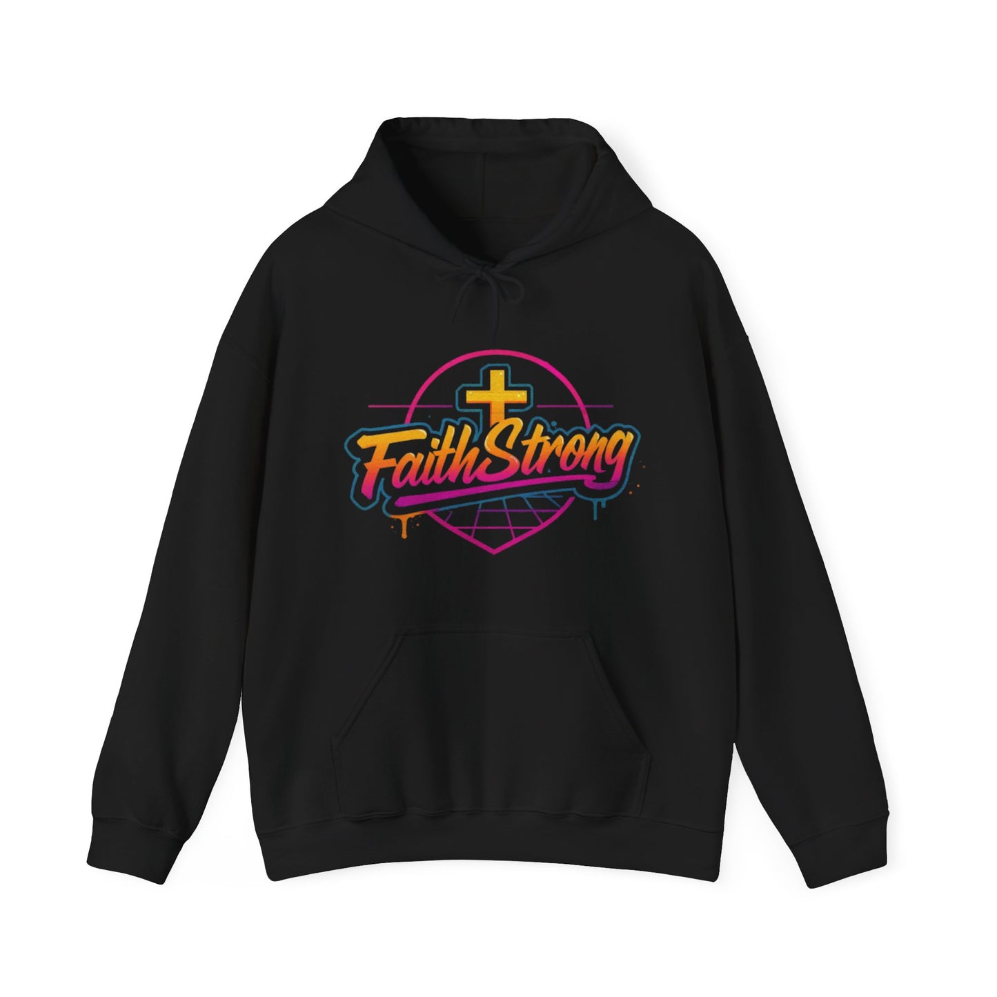 Faith Strong Hoodie – Retro Neon Cross Christian Sweatshirt