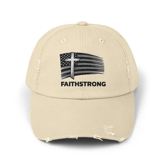 Faithstrong Distressed Cap, Vintage Hat for Faith-Based Events, Casual Wear, Outdoor Activities, Gift for Believers