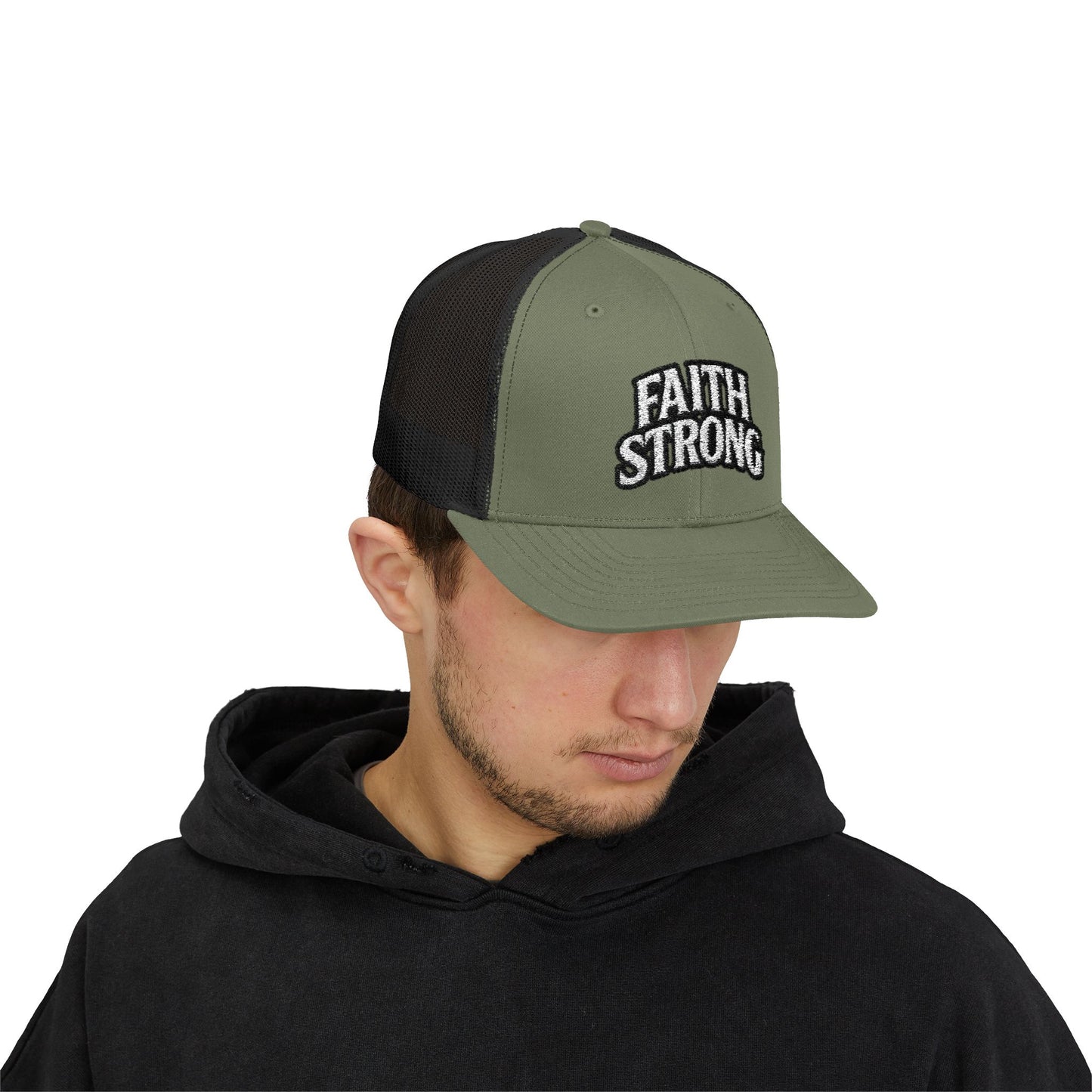 Faith Strong Trucker Cap — Embroidered Christian Snapback Hat