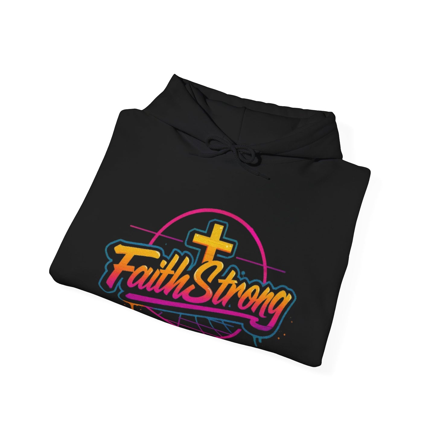 Faith Strong Hoodie – Retro Neon Cross Christian Sweatshirt