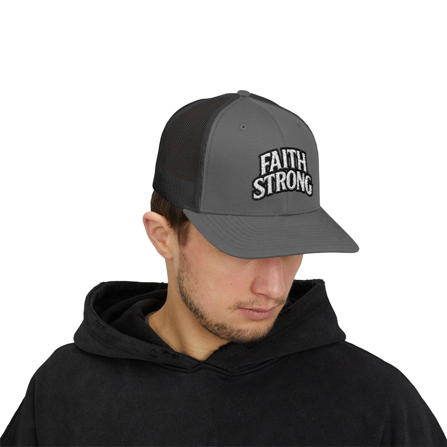 Faith Strong Trucker Cap — Embroidered Christian Snapback Hat
